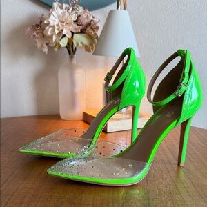 Green Stiletto Heels with Clear Accents